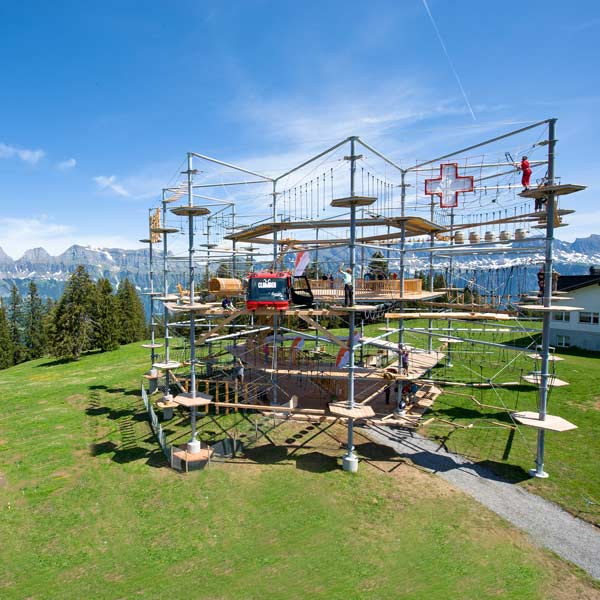 KristallTurm KT-18 High Ropes Course at Flumserberg in Switzerland with a stunning mountain view in the background